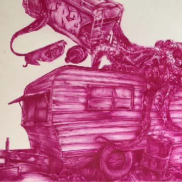 Chris Hurtado, Cerealism, pink ball point pen, 21.5 in x 30 in, 2020.